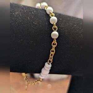 Monet Vintage Signed Bracelet Gold tone chain white glass beads classic